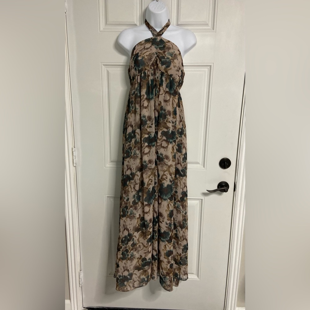 D1- ARK Earthy Floral Halter Bareback Maxi Dress